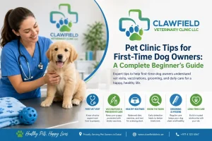 Featured image showing a first-time dog owner at a veterinary clinic with a puppy during a checkup, representing essential pet clinic tips for new dog owners, branded with Clawfield Veterinary Clinic LLC logo.