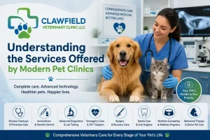 Modern veterinary clinic featured image showing healthy pets, veterinary medical symbols, advanced pet healthcare services, and Clawfield Veterinary Clinic LLC branding.