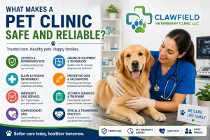 Safe and reliable pet clinic with veterinarian examining a dog in a clean modern veterinary clinic environment