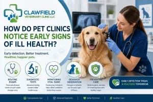 Veterinarian examining a golden retriever at Clawfield Veterinary Clinic while highlighting early disease detection, wellness exams, diagnostic testing, and preventive pet care services.