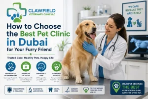 Best pet clinic in Dubai guide featuring Clawfield Veterinary Clinic logo with veterinary care services for dogs and cats in Dubai