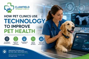 Veterinarian using advanced technology and AI-powered pet health monitoring tools at Clawfield Veterinary Clinic Dubai
