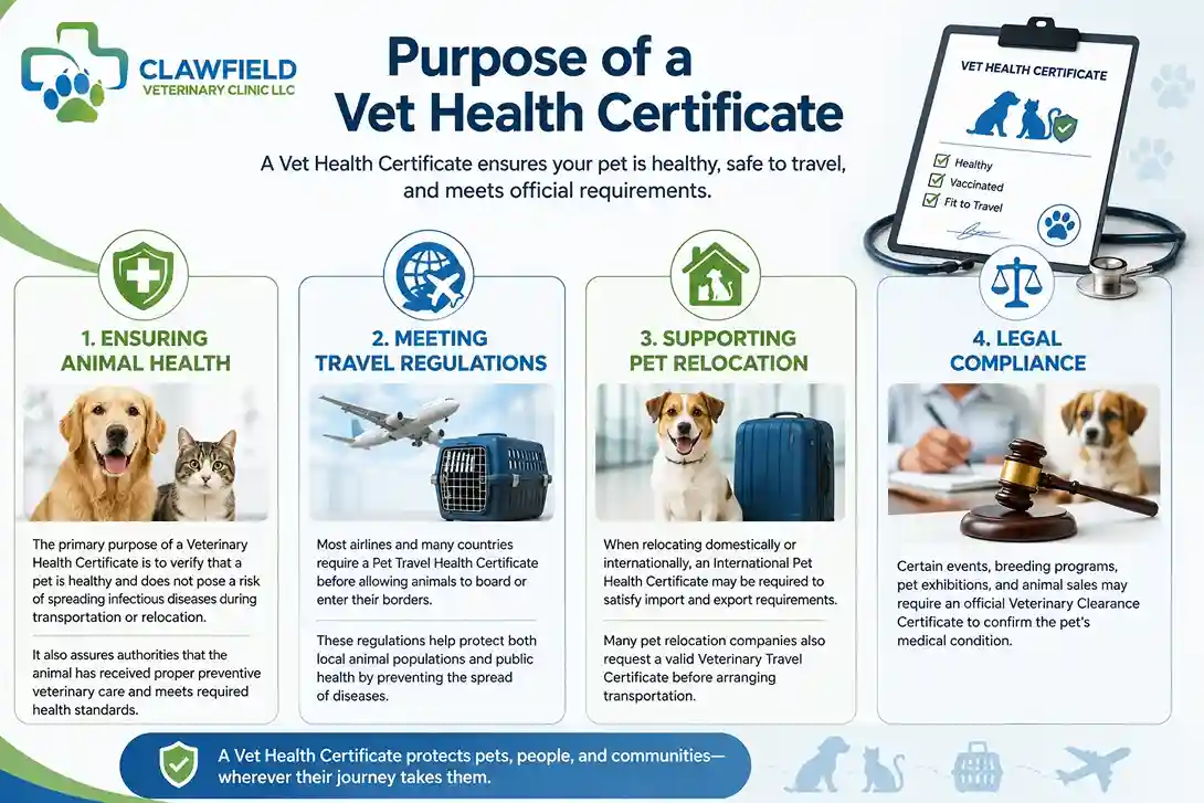 Purpose of a Vet Health Certificate Infographic explaining the purpose of a Vet Health Certificate, including animal health, travel regulations, pet relocation, and legal compliance with veterinary illustrations.