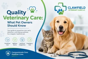 Quality veterinary care featured image with Clawfield Veterinary Clinic logo, healthy dog and cat, preventive care, wellness exams, diagnostics, and pet healthcare services.