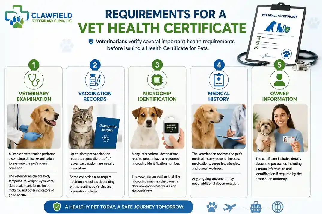 Requirements for a Vet Health Certificate Landscape infographic explaining the requirements for a Vet Health Certificate, including veterinary examination, vaccination records, microchip identification, medical history, and owner information.