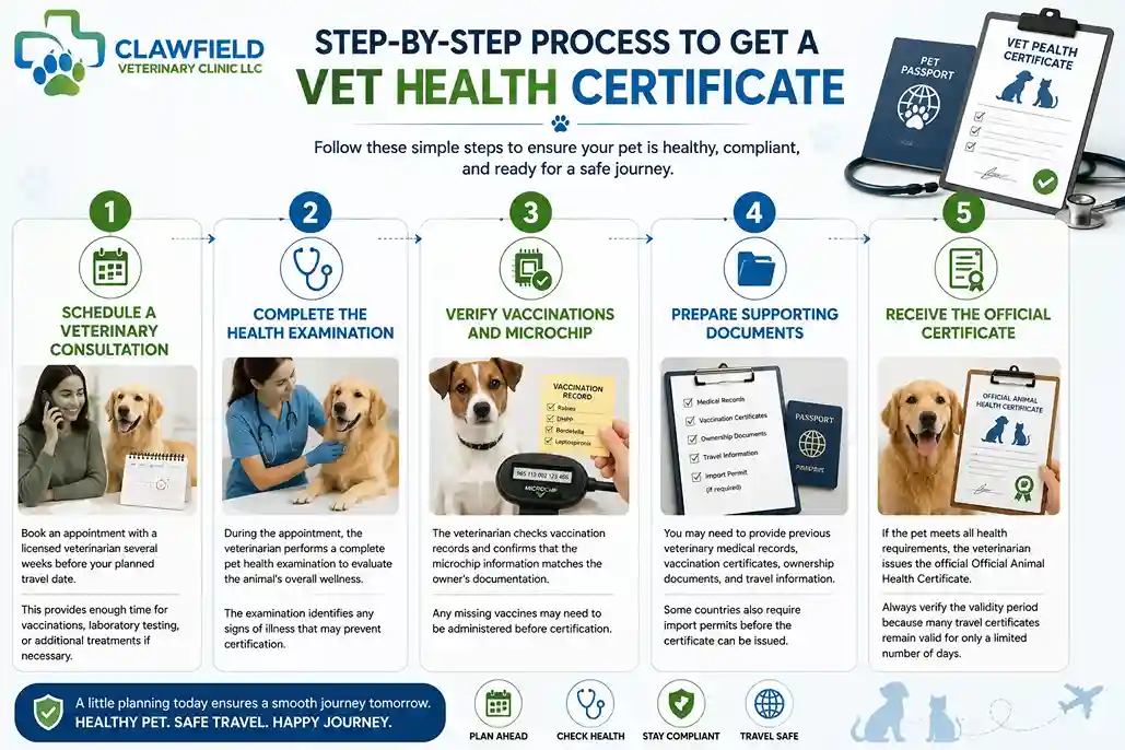 Step-by-Step Process to Get a Vet Health Certificate Landscape infographic showing the step-by-step process to get a Vet Health Certificate, including veterinary consultation, health examination, vaccination verification, document preparation, and certificate issuance.