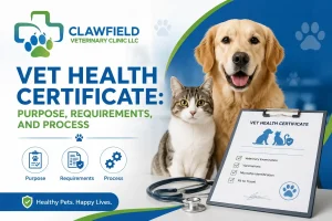 Vet Health Certificate featured image with Clawfield Veterinary Clinic logo, dog, cat, and veterinary certificate illustrating the purpose, requirements, and process.