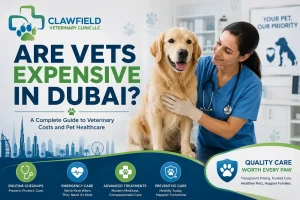 Veterinarian examining a happy dog at Clawfield Veterinary Clinic with the title "Are Vets Expensive in Dubai? A Complete Guide to Veterinary Costs and Pet Healthcare."