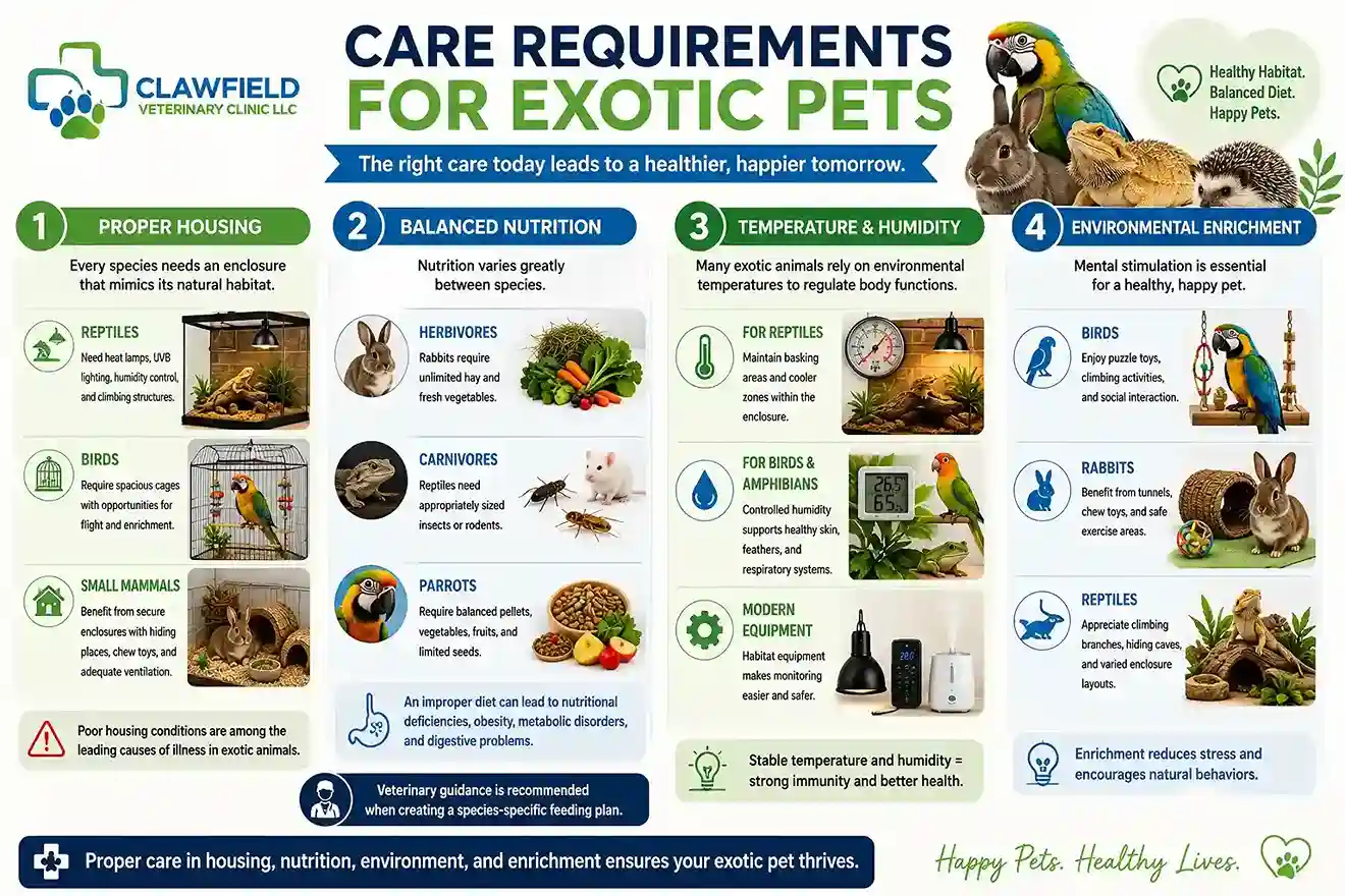 Exotic Pet Care Requirements | Housing, Nutrition & Habitat Guide Infographic showing exotic pet care requirements, including proper housing, balanced nutrition, temperature and humidity control, and environmental enrichment for reptiles, birds, rabbits, and small mammals.
