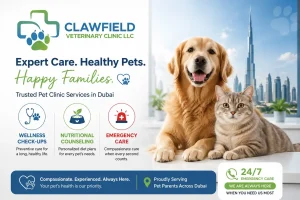 Exotic pets in Dubai care requirements and legal considerations with Clawfield Veterinary Clinic logo, featuring a healthy dog and cat against the Dubai skyline.