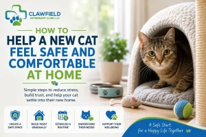 How to help a new cat feel safe and comfortable at home with a cozy safe space, toys, food bowls, and a calm environment